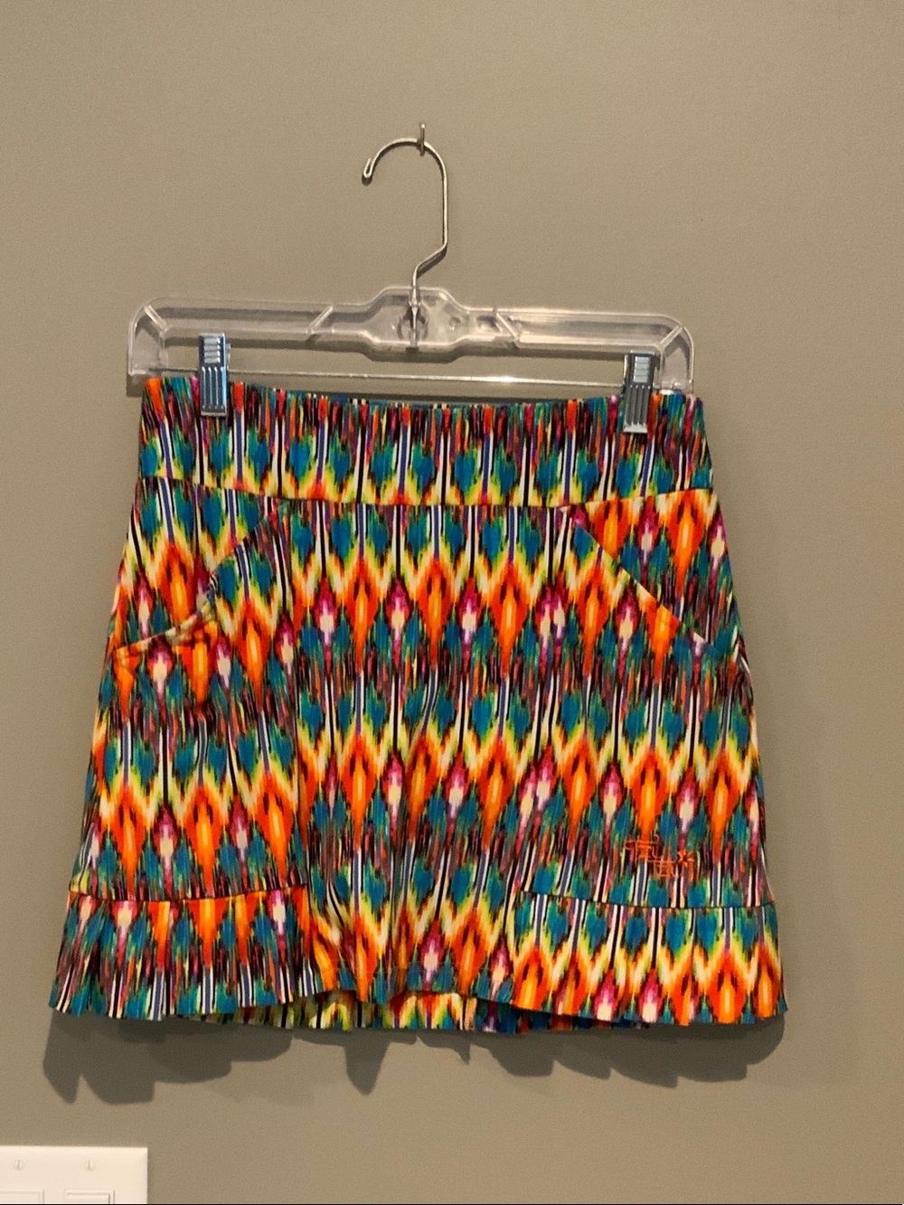 Tzu Tzu Multicolor Ikat-Print Mini Skirt in Orange, Teal & Yellow
